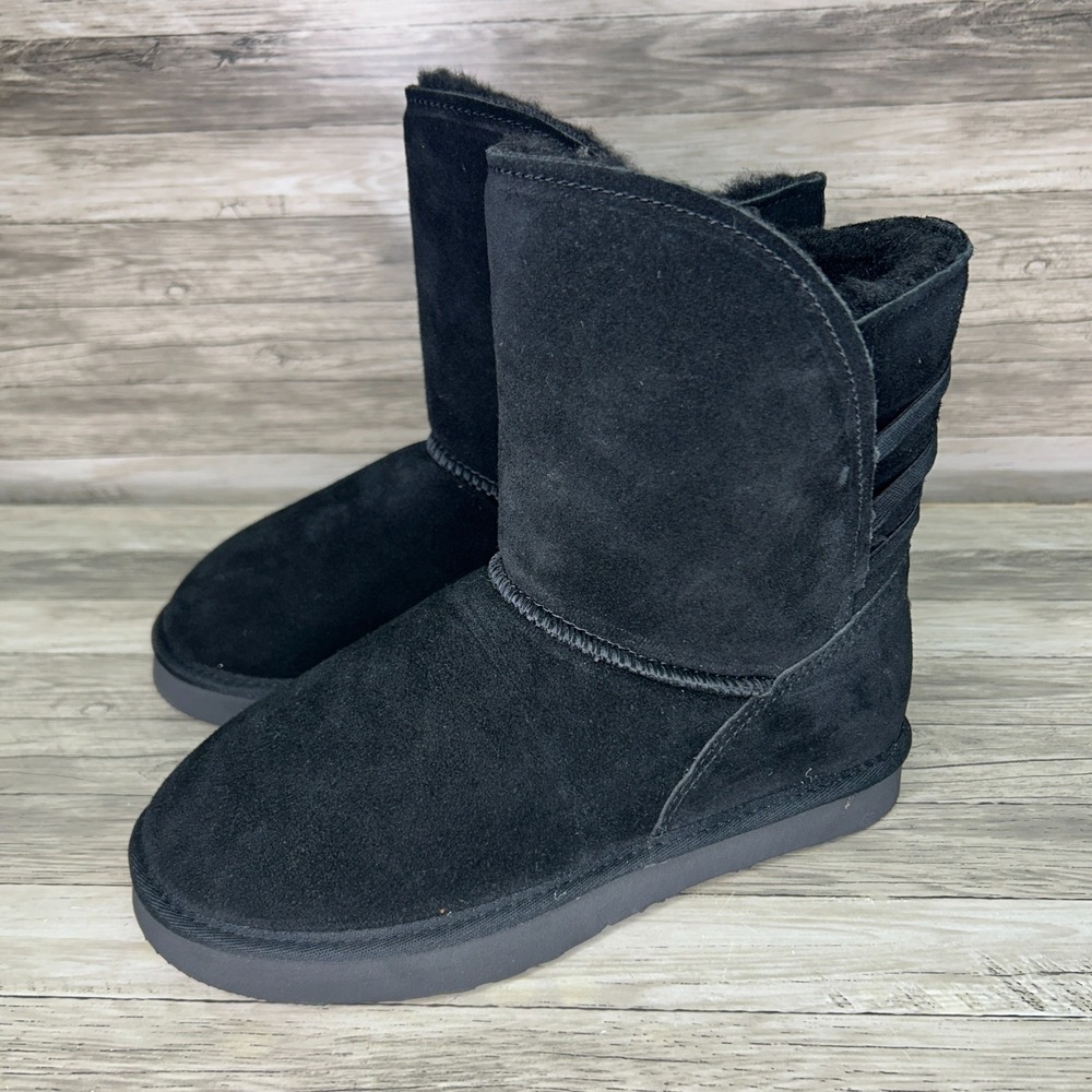 BEARPAW Kylee Wide Boot Mid Calf Slip On Suede Comfort NeverWet Black‎ Size 8